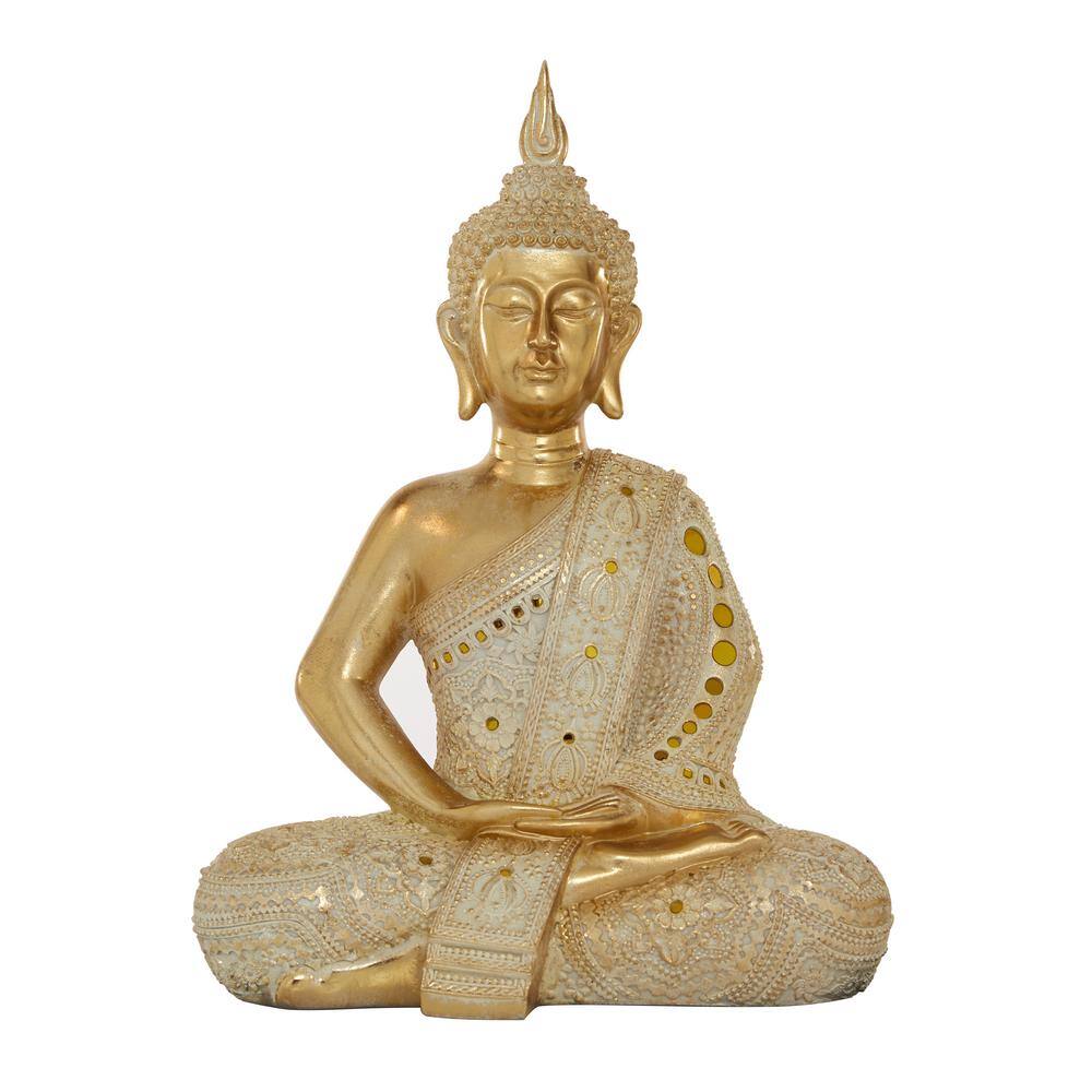 Litton Lane Gold Polystone Meditating Carved Buddha Sculpture with Intricate Carvings and Mirrored Embellishments