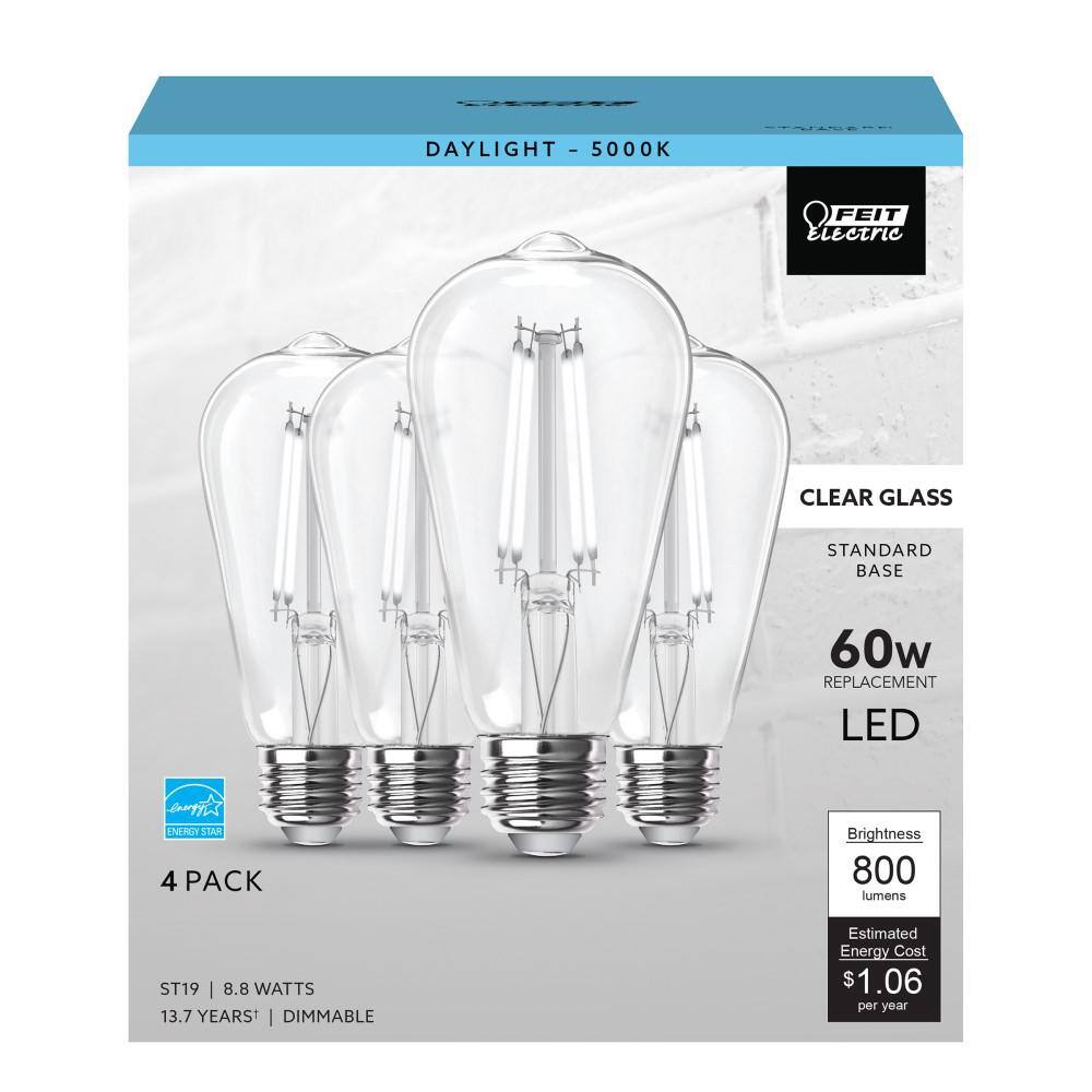 Feit Electric 60-Watt Equivalent ST19 Dimmable Straight Filament Clear Glass E26 Vintage Edison LED Light Bulb, Daylight (16-Pack)