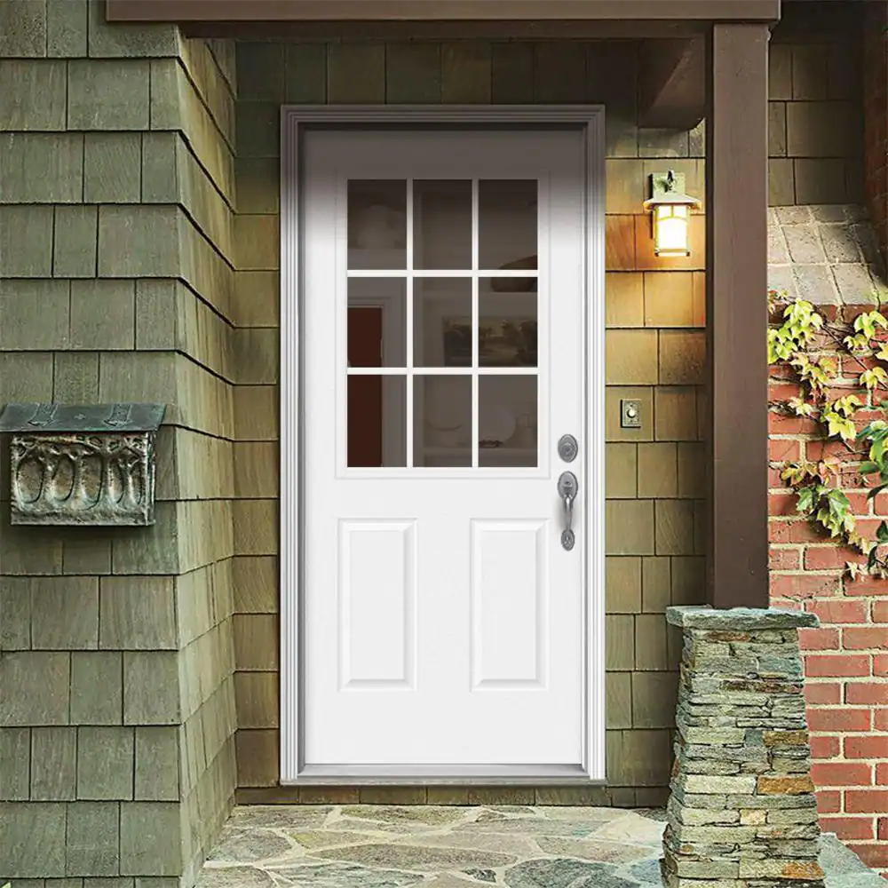 JELD-WEN 32 in. x 80 in. 9 Lite Primed Fiberglass Prehung Left-Hand In swing Entry Door w/Brickmould