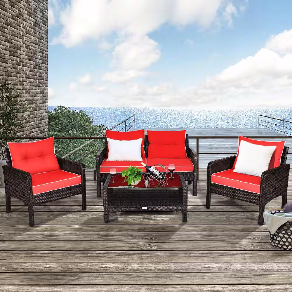 Costway 4-Piece Wicker Patio Conversation Sectional Seating Set Outdoor Patio Rattan Furniture Set With Red Cushions