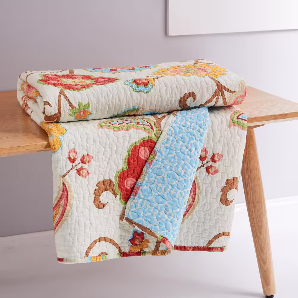 None Ashbury Spring Multi-color Floral Quilted Cotton Throw Blanket