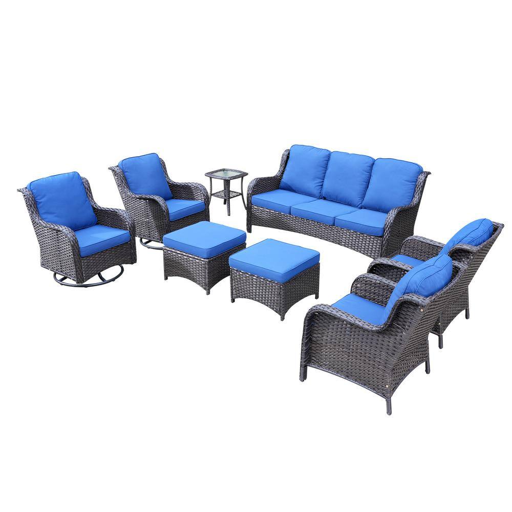 XIZZI Erie Lake Brown 8-Piece Wicker Patio Conversation Seating Sofa Set with Navy Blue Cushions and Swivel Rocking Chairs