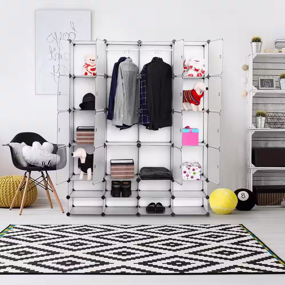Costway 6.7 in. W White DIY 24-Cube Portable Clothes Wardrobe Cabinet Tower Wire Closet System Storage Organizer with Doors