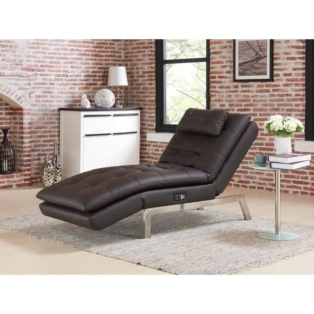 Relax A Lounger Arnold Faux Leather Brown with Tan Stiching Convertible Chaise Lounge