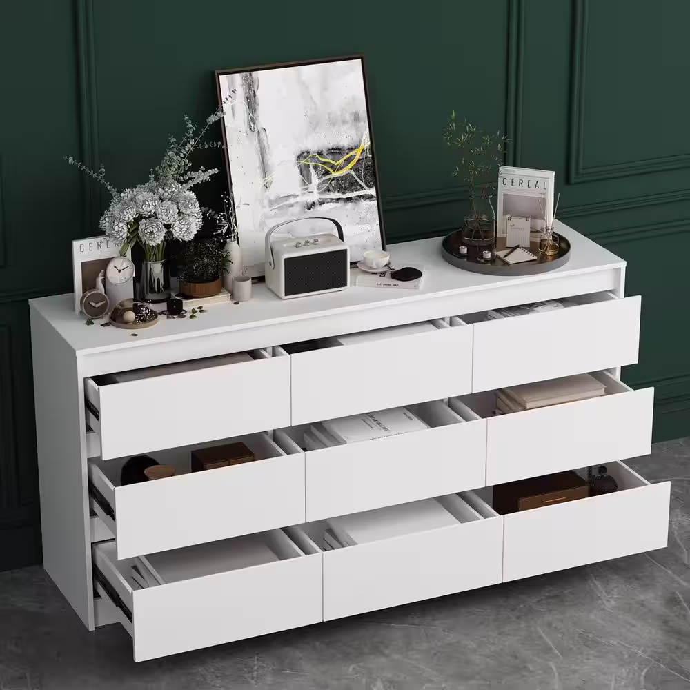 None 9-Drawer White Paint Finish Dresser Chest of Drawers 31.5 in. H x 63 in. W x 15.7 in. D