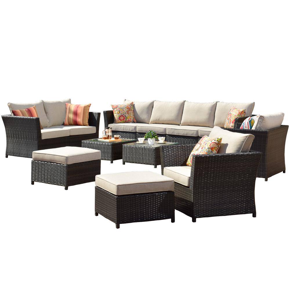 XIZZI Huron Gorden Brown 12-Piece Wicker Outdoor Patio Conversation Sectional Sofa Set with Beige Cushions