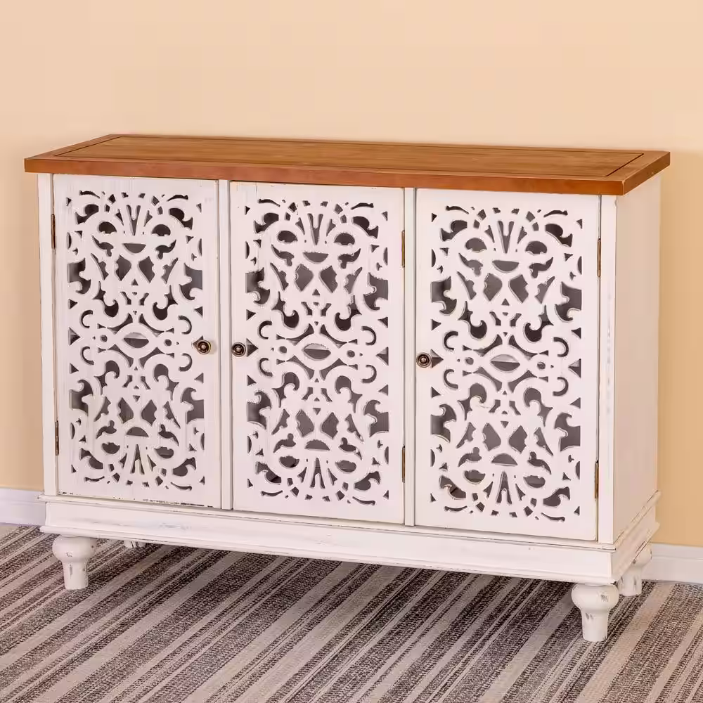 None White Hollow-Carved Cabinet with 3-Door