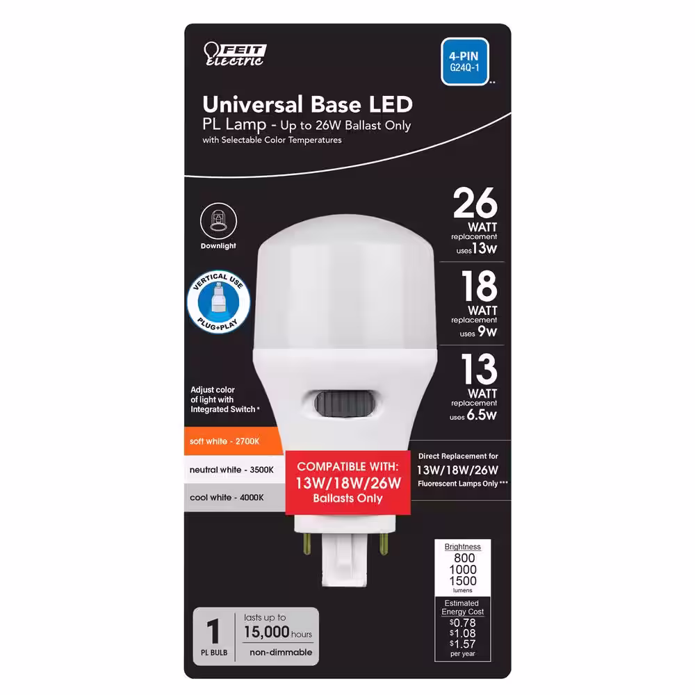Feit Electric 13W/18W/26W Equivalent PL Vertical 4-Pin Universal Base G24Q/GX24Q-1/-2/-3 with CCT Select LED Light Bulb(4-Pack)
