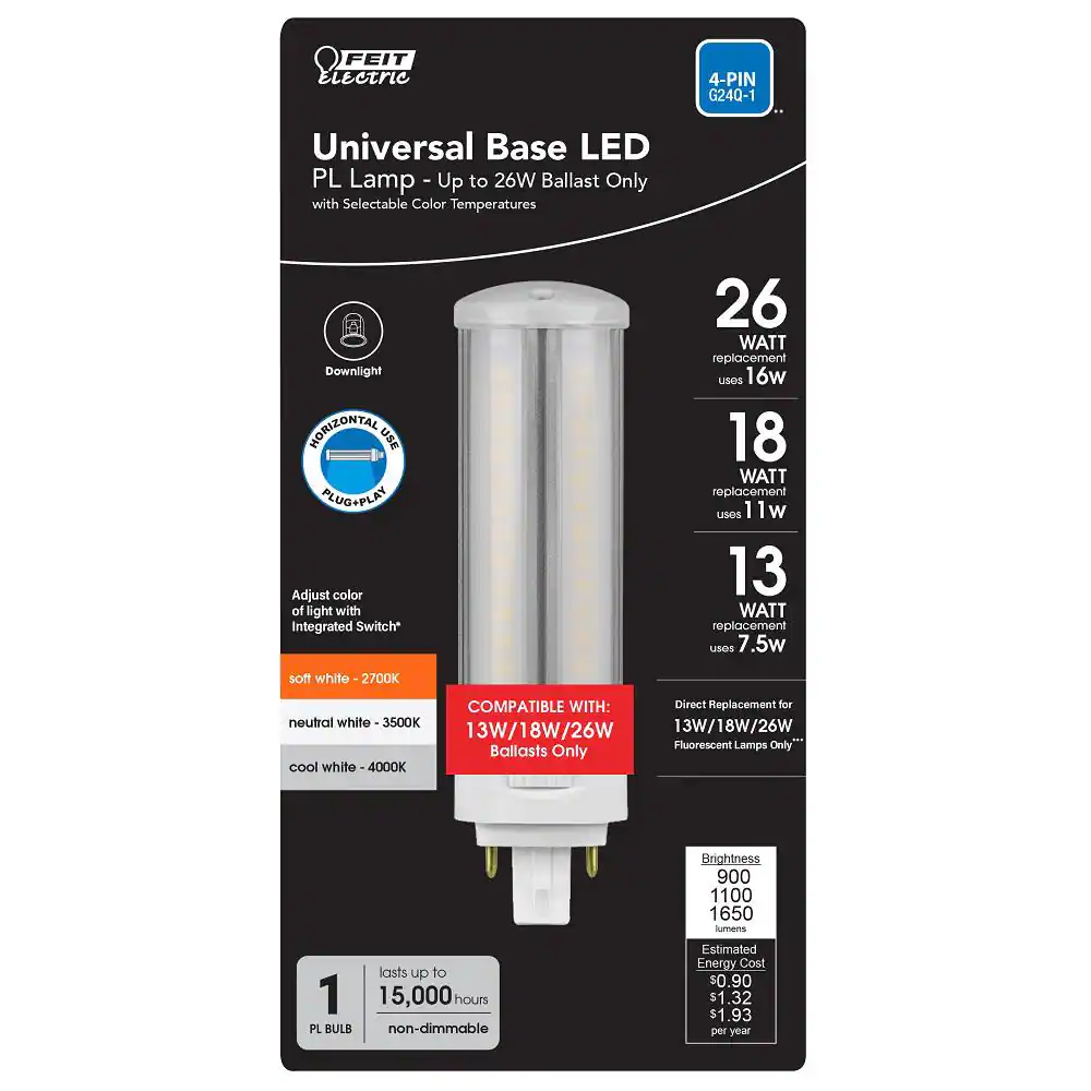 Feit Electric 13W/18W/26W Equivalent PL Horizontal 4-Pin Universal Base G24Q/GX24Q-1/-2/-3 CCT Select(2700K/3500K/4100K)LED Light Bulb
