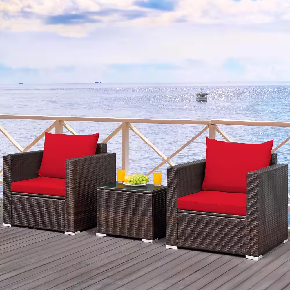 Costway Brown 3-Piece Wicker Patio Conversation Set Garden with Red Cushions