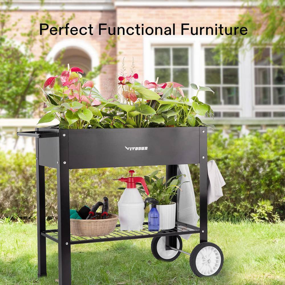 VIVOSUN 37.79 in. x 20.31 in. x 32.87 in. Black Metal Mobile Elevated Planter Box with Wheels and Storage Shelf