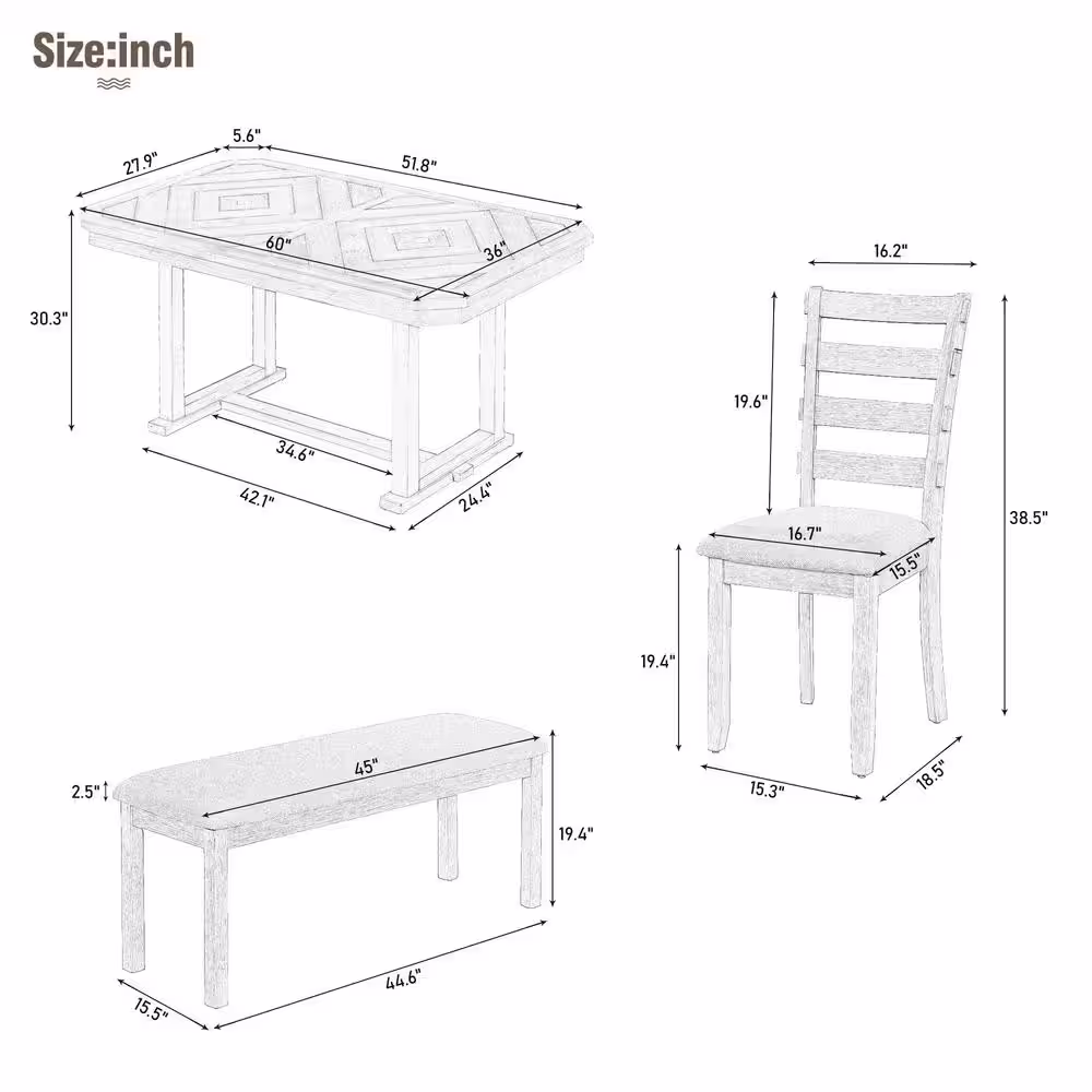 Harper & Bright Designs 6-Piece Natural Beautiful Wood Grain Rubber Wood Dining Table Set with 4 Chairs and 1 Bench
