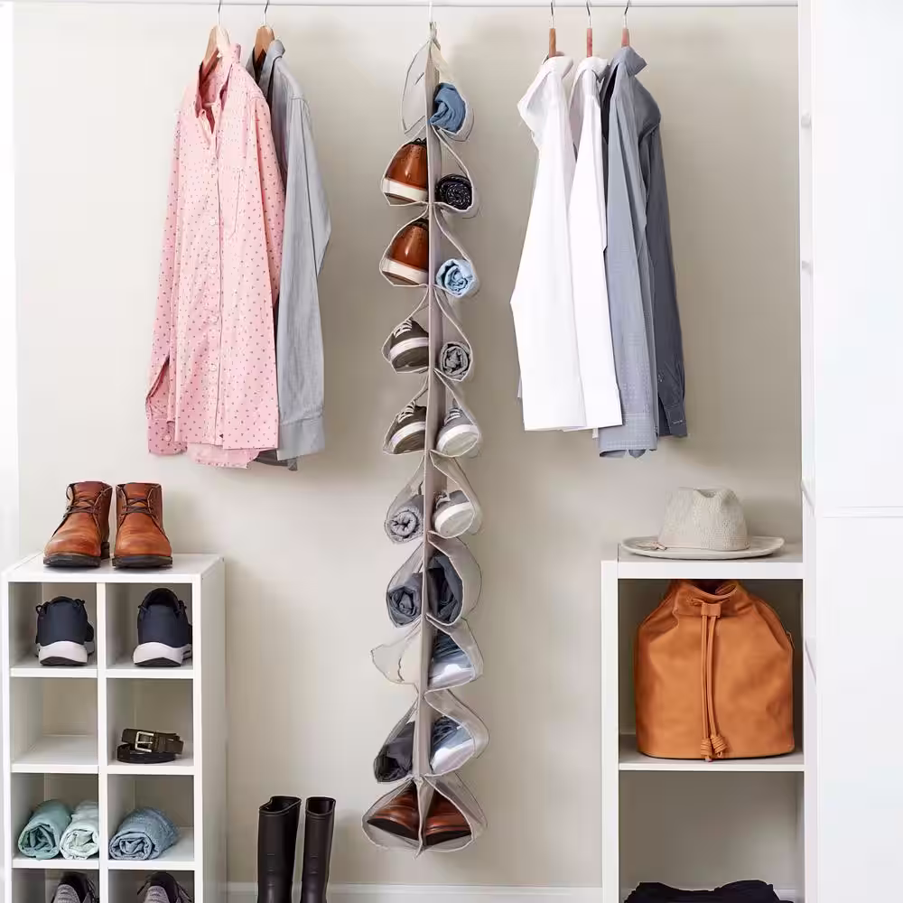 HOUSEHOLD ESSENTIALS 62 in. H 10-Pair Silver Polyester Hanging Shoe Organizer