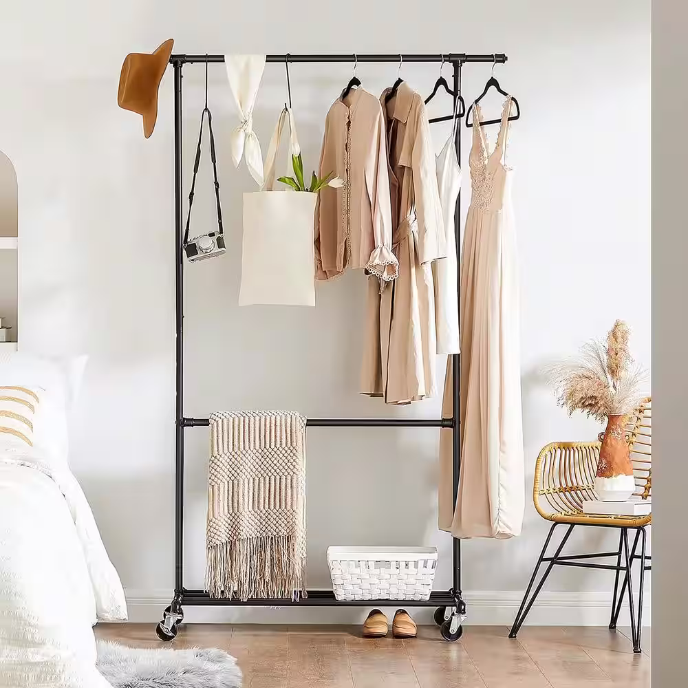 None Black Metal Garment Clothes Rack with Shelves 51 in. W x 78 in. H