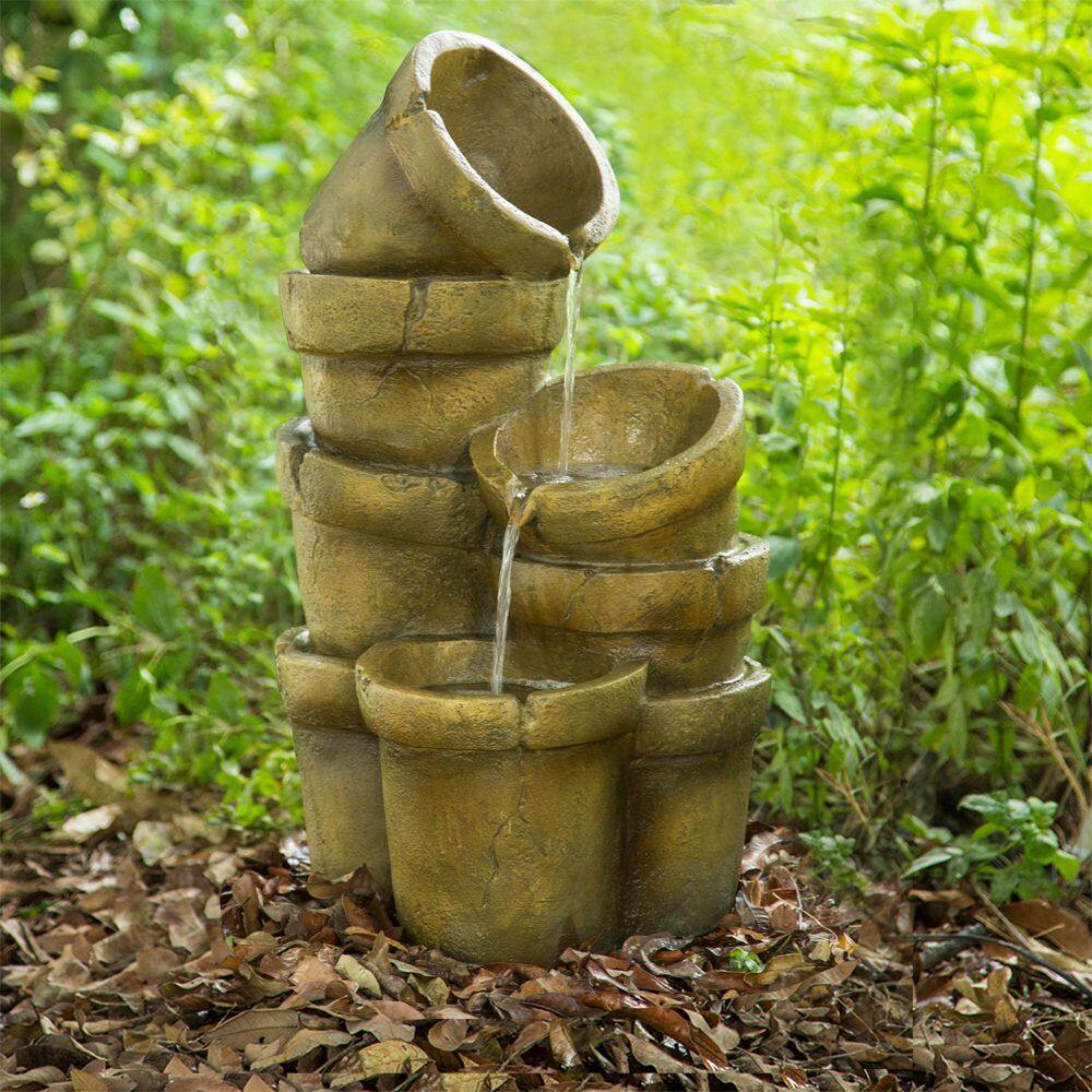 None 30.32 in. Tall Outdoor Cascading Stacked Pot Waterfall Fountain