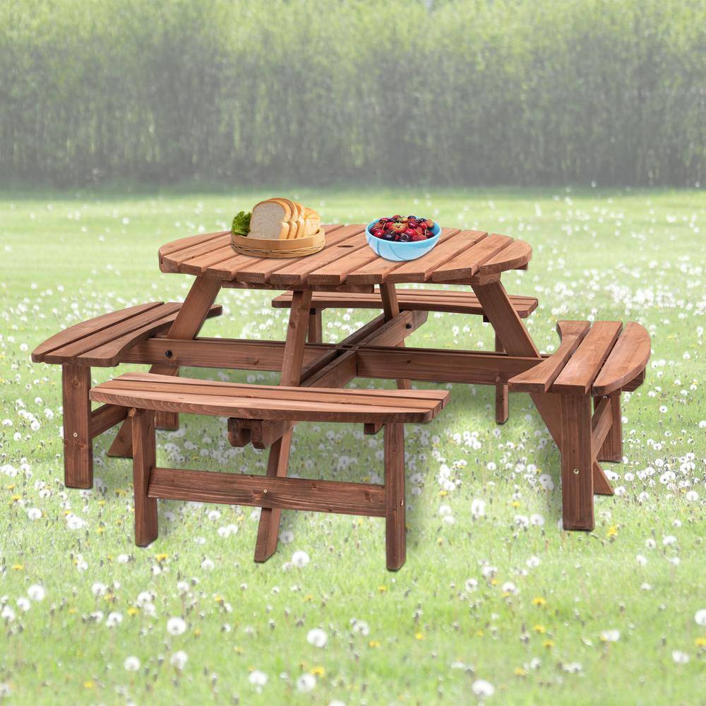 None 70.07 in. Brown Round Wood Picnic Table with 4-Built-in Benches, 8-Person Outdoor Camping Dining Table