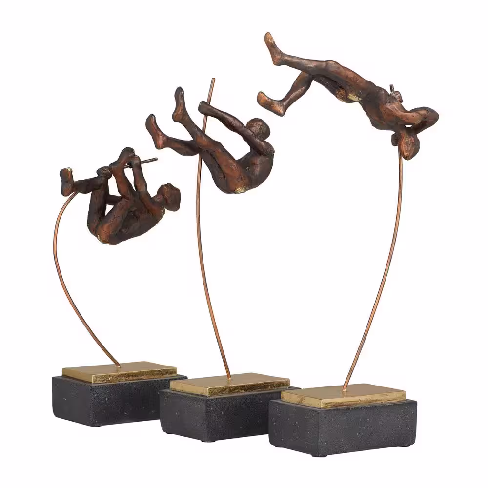 Litton Lane Bronze Polystone Pole Vaulting People Sculpture (Set of 3)