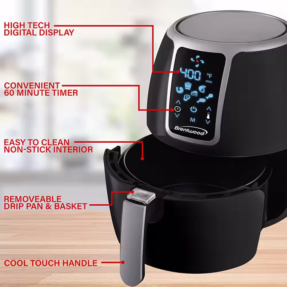 Brentwood Small 1400-Watt 4 qt. Black Electric Digital Air Fryer with Temperature Control