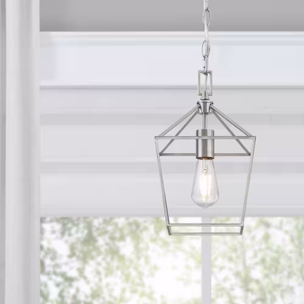 Home Decorators Collection Weyburn 1-Light Brushed Nickel Farmhouse Mini Pendant Light Fixture with Caged Metal Shade