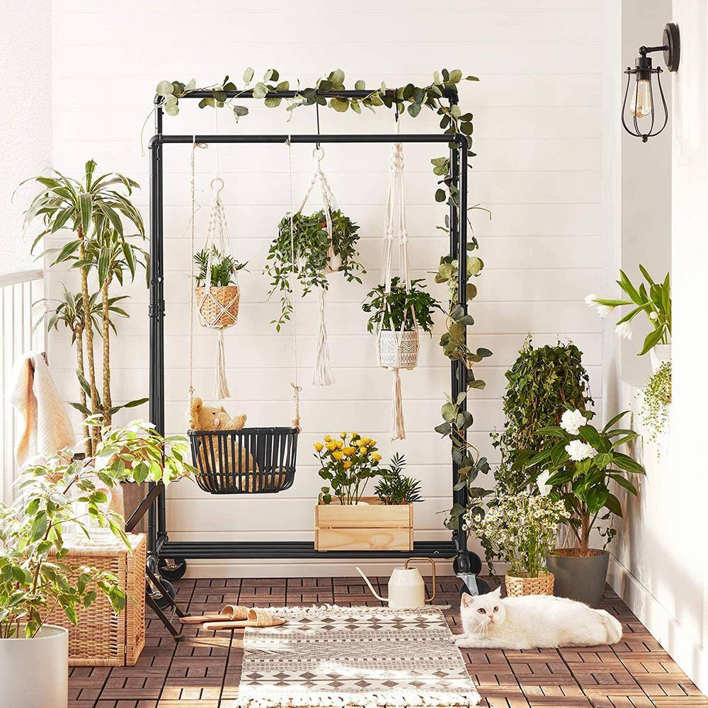 None Black Metal Garment Clothes Rack Double Rods 39 in. W x 63 in. H