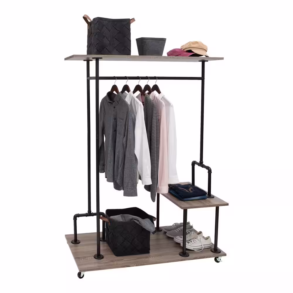 ORGANIZE IT ALL Pipe Line 47.25 in. W x 64.5 in. H Gray and Black Wood and Metal Closet Wardrobe Garment Rack Closet System