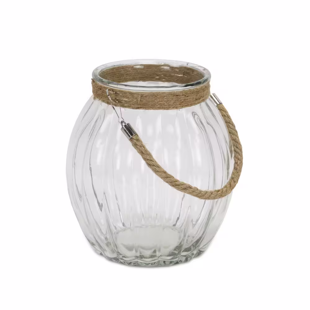 HomeRoots Victoria 9.5 in. Clear and Brown Textured Oval Glass Jar with Rope