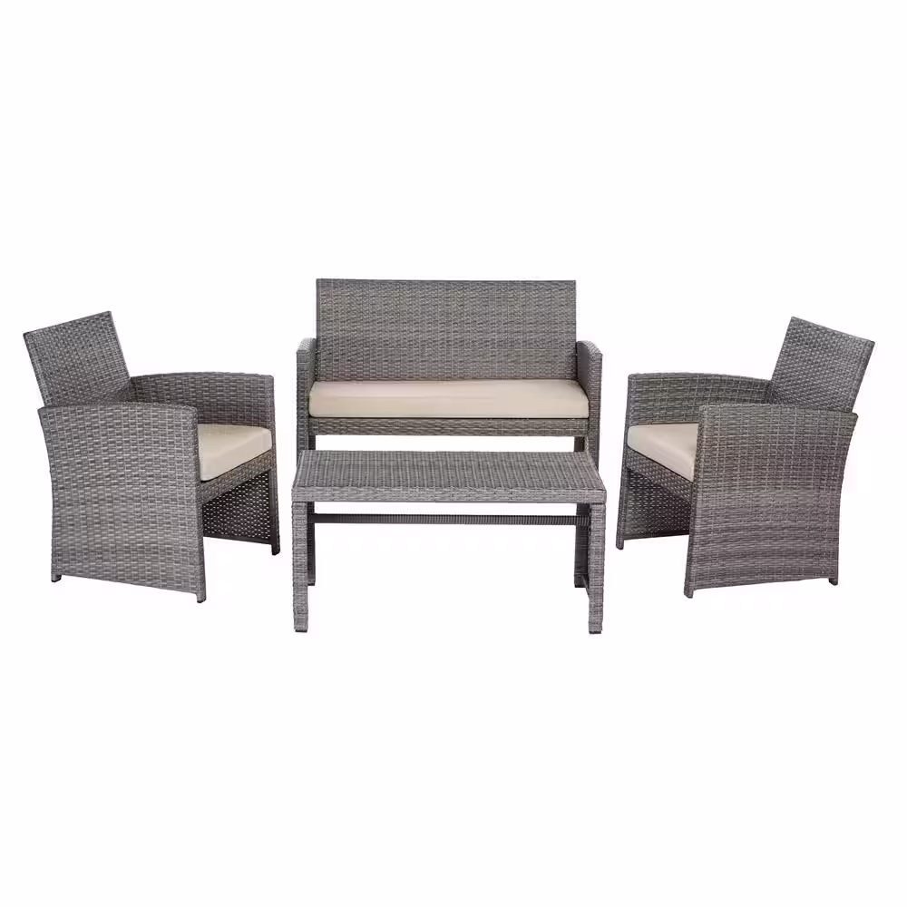 StyleWell Park Trail Grey 4-Piece Wicker Patio Conversation Set with Light Brown Cushions