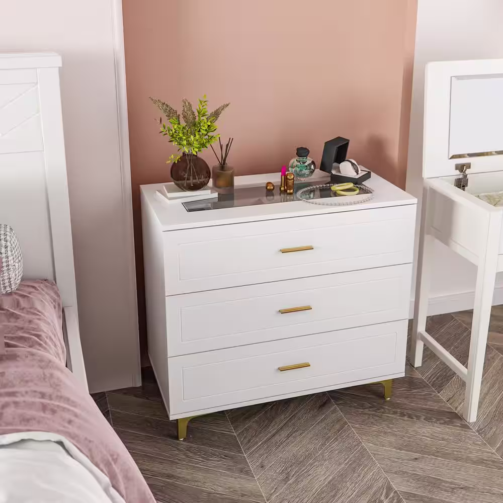 None White Wooden Nightstand, End Table with 3 Drawers, 31.5 L x 15.7 in. W x 28.7 in. H