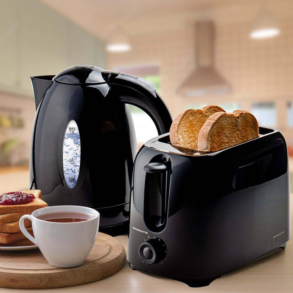 OVENTE 7-Cup Black Cordless Body Electric Kettle with 2-Slice Black Bread Toaster