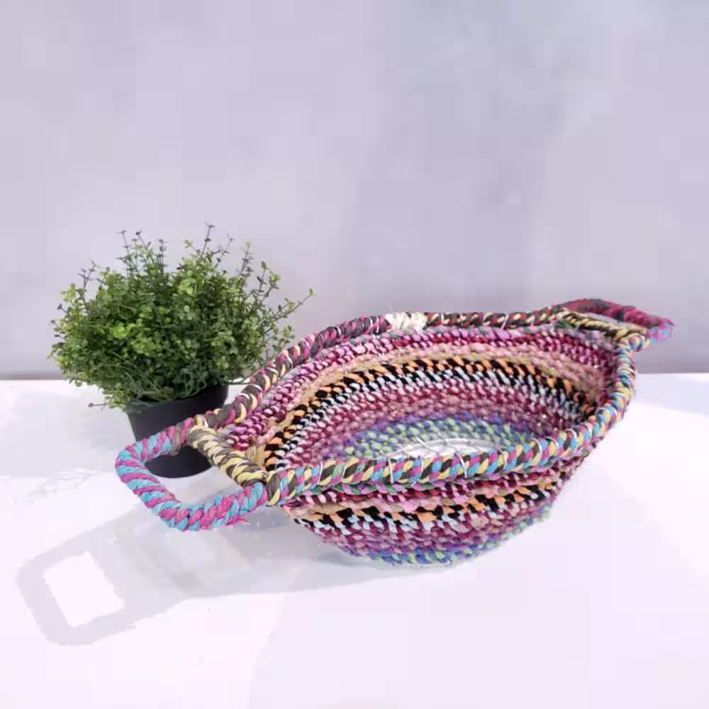 HomeRoots 4 .5 in. Multicolor Colorful Braided Jute Centerpiece Basket with Handles