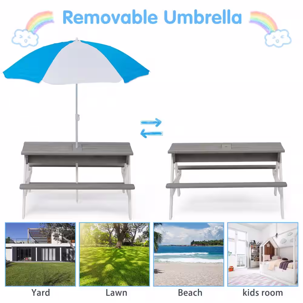 None 37 in. 3-in-1 Kids Outdoor Wooden Picnic Table With Umbrella