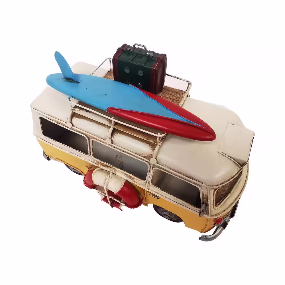 PETERSON ARTWARES Yellow 11 x 6 x 7.5 in. VW Metal Bus with Board and luggage