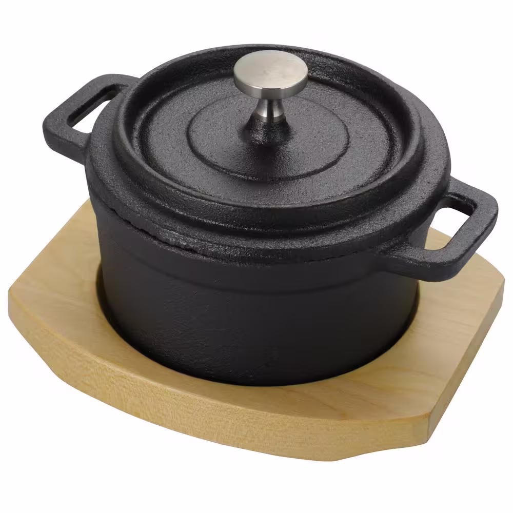 GIBSON HOME Campton 0.30 Qt. Oval Cast Iron Mini Casserole with Lid and Wooden Base