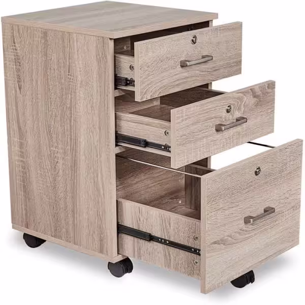 None Oak Color Mobile File Cabinet with Lock and 3-Drawers
