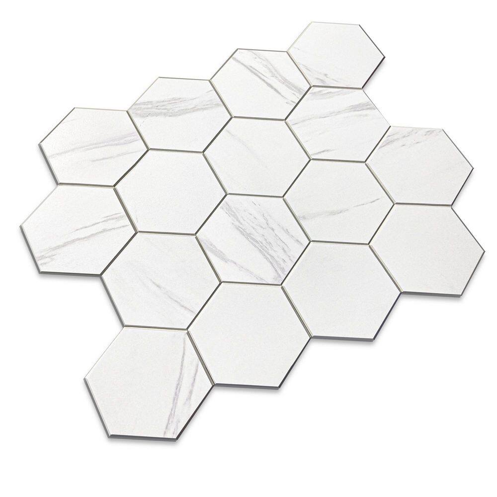AVANT DECOR Lisbon Calacatta Honeycomb 10.82 in. x 12.8 in. 4 mm Stone Peel and Stick Backsplash Tile (6.38 sq. ft./8-Pack)
