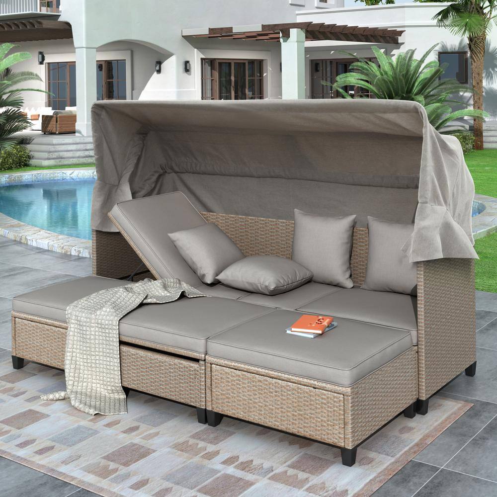 None 4-Piece Patio Furniture Set, Outdoor Rattan Conversation Set Daybed Sofa with Retractable Canopy, Table, Gray Cushion
