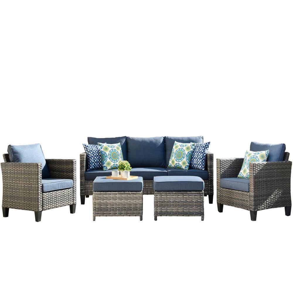 XIZZI Jupiter Gray 5-Piece Wicker Outdoor Patio Conversation Seating Sofa Set with Denim Blue Cushions