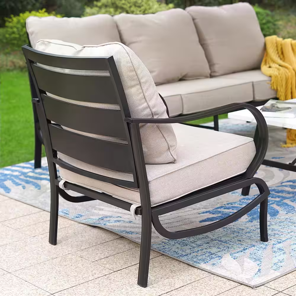 None Black Slatted 9-Seat 7-Piece Metal Outdoor Patio Conversation Set with Beige Cushions and 2 Ottomans