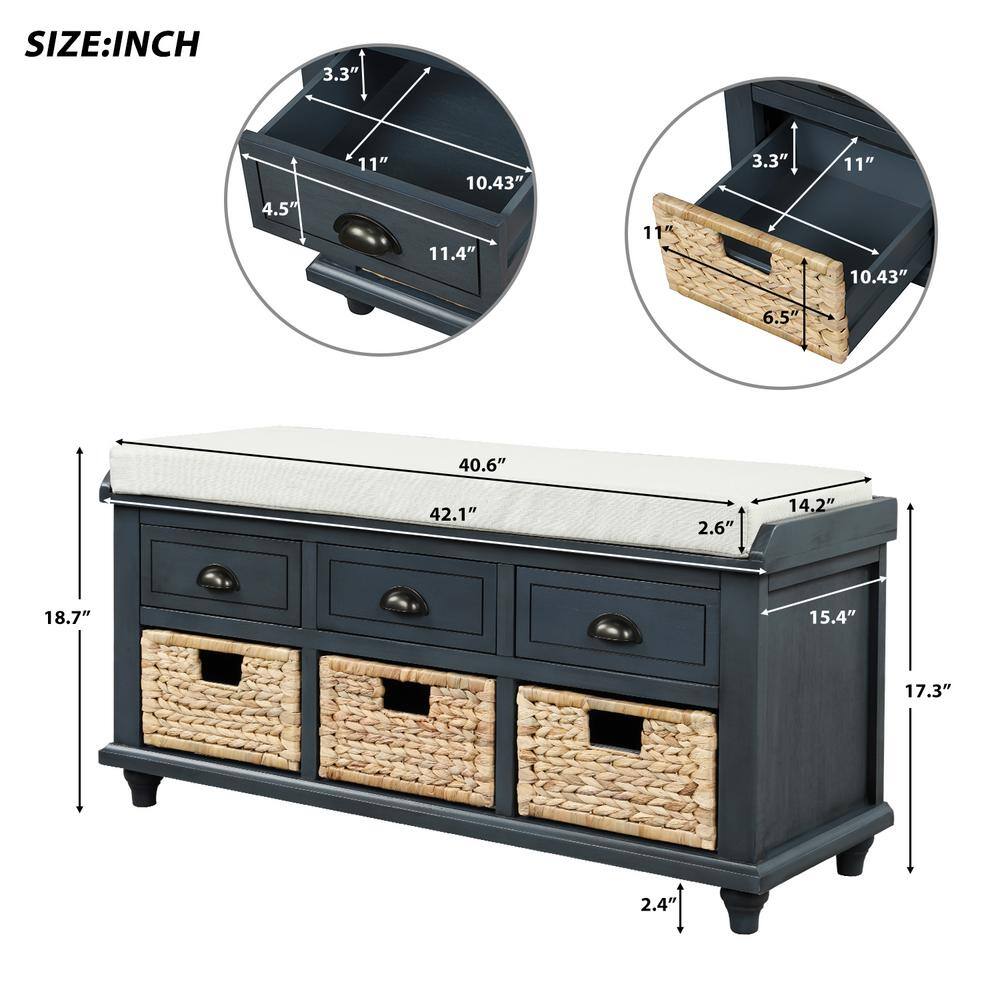 Harper & Bright Designs 42.1 in. L x 15.4 in. W x 18.7 in. H Rustic Blue Storage Bench with 3-Drawers and 3-Rattan Baskets