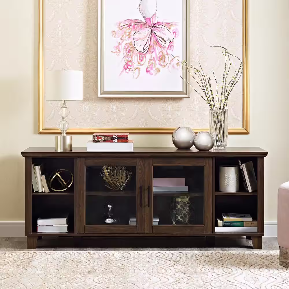 Walker Edison Furniture Company 58 in. Dark Walnut Composite TV Stand 65 in. with Doors