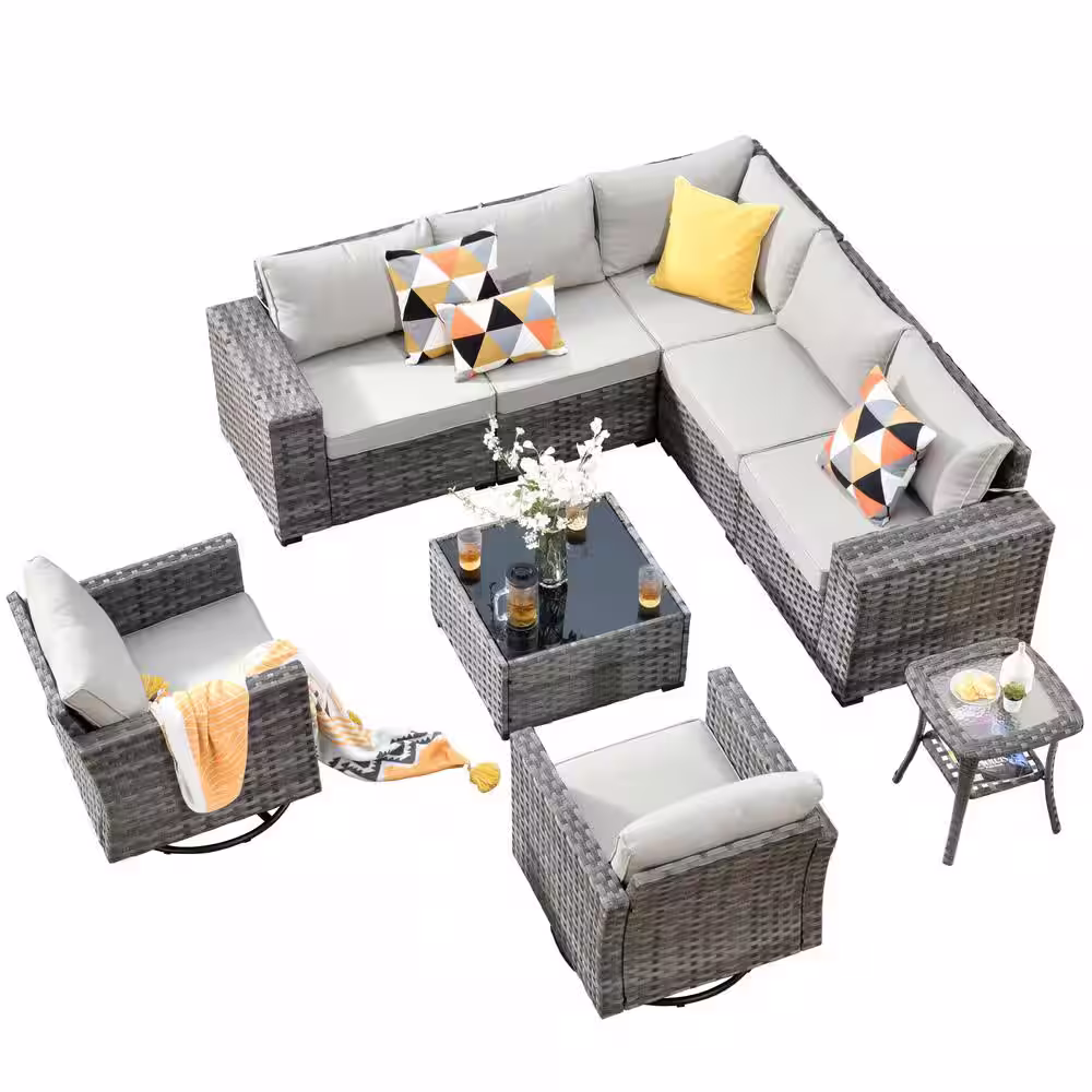 HOOOWOOO Crater Grey 9-Piece Wicker Wide-Plus Arm Patio Conversation Sofa Set with Swivel Rocking Chairs and Beige Cushions