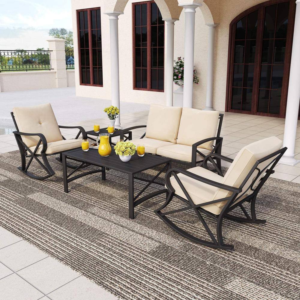 TOP HOME SPACE 5-Piece Metal Patio Conversation Set with Khaki Cushions