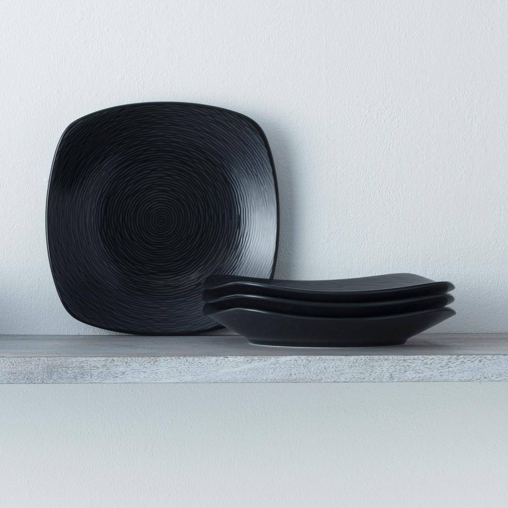 Noritake Colorscapes Black-on-Black Swirl 6.5 in. Gray Porcelain Square Appetizer Plates (Set of 4)