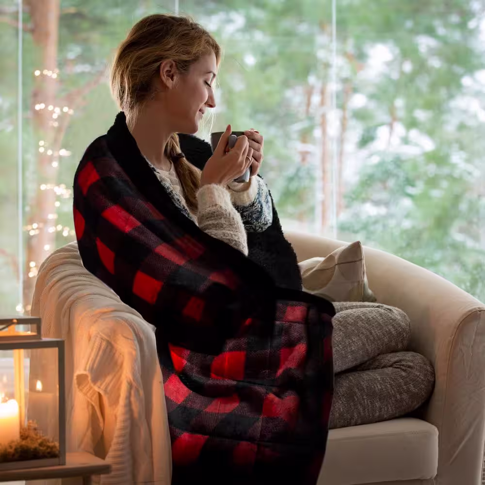 None Bufflo Red Deer Applique Velvet to Sherpa Reverse 48 in. x 72 in. x 15 lbs. Weighted Throw Blanket