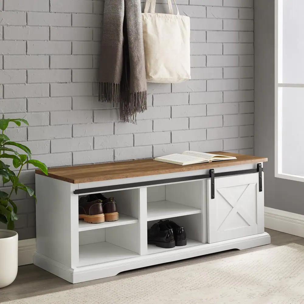Welwick Designs 48 in. White / Reclaimed Barnwood Sliding Barn Door Entry Bench