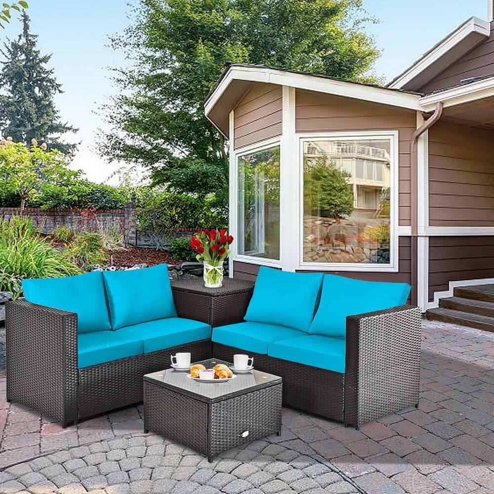 Costway 8-Piece Outdoor Patio Wicker Furniture Set Cushion Loveseat Storage Table Turquoise
