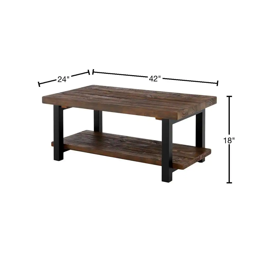 Alaterre Furniture Pomona 42 in. Rustic Natural/Black Large Rectangle Wood Coffee Table with Shelf
