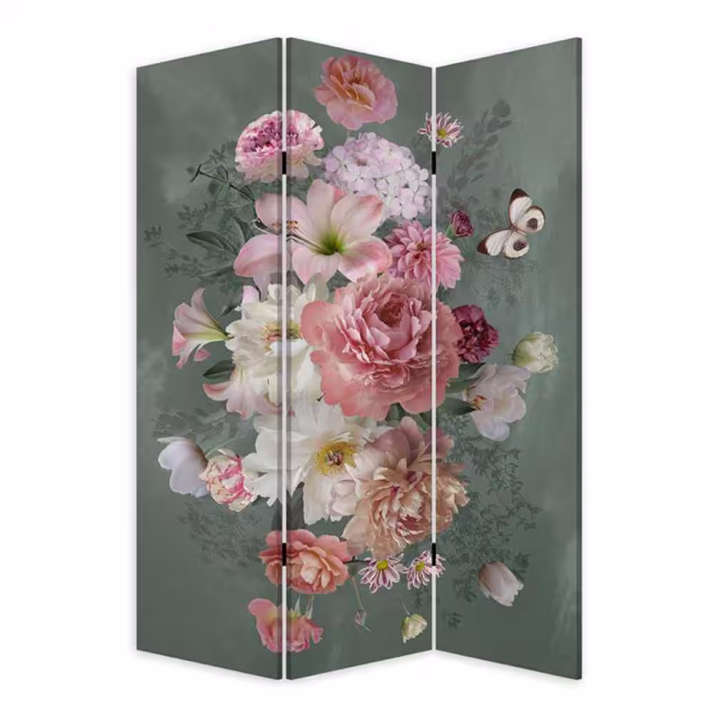 Benjara 72 in. Purple Floral Design 3-Panel Canvas Foldable Screen Room Divider