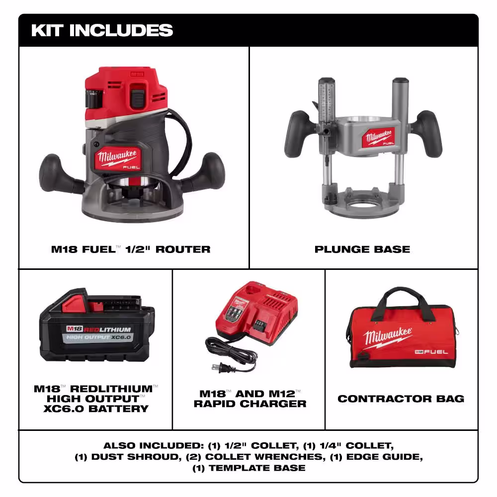 Milwaukee M18 FUEL 18-Volt Lithium-Ion Cordless Brushless 1/2 in. Router Plunge Base Kit with Additional Plunge Base
