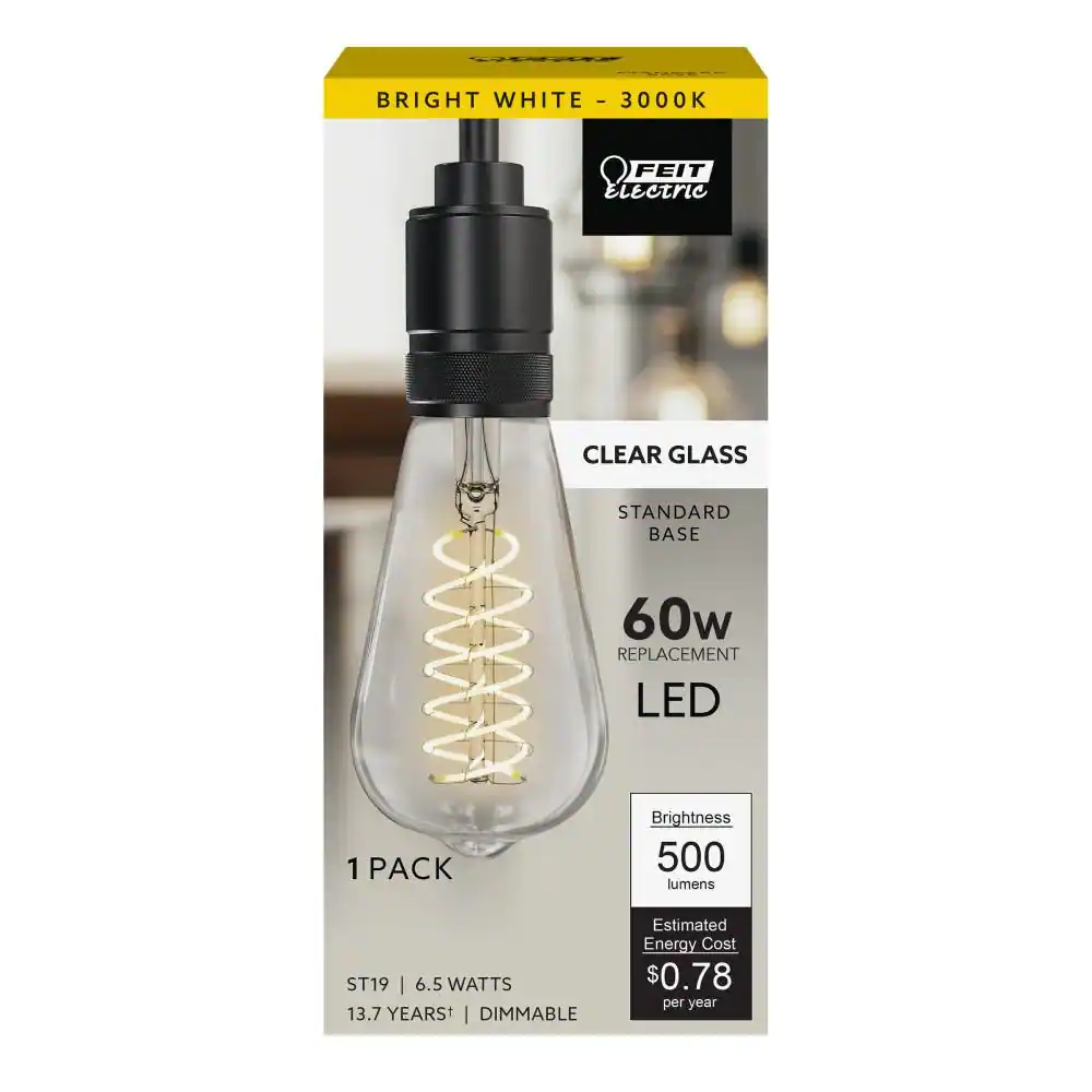 Feit Electric 60-Watt Equivalent ST19 Dimmable Spiral Filament Clear Glass E26 Vintage Edison LED Light Bulb, Bright White